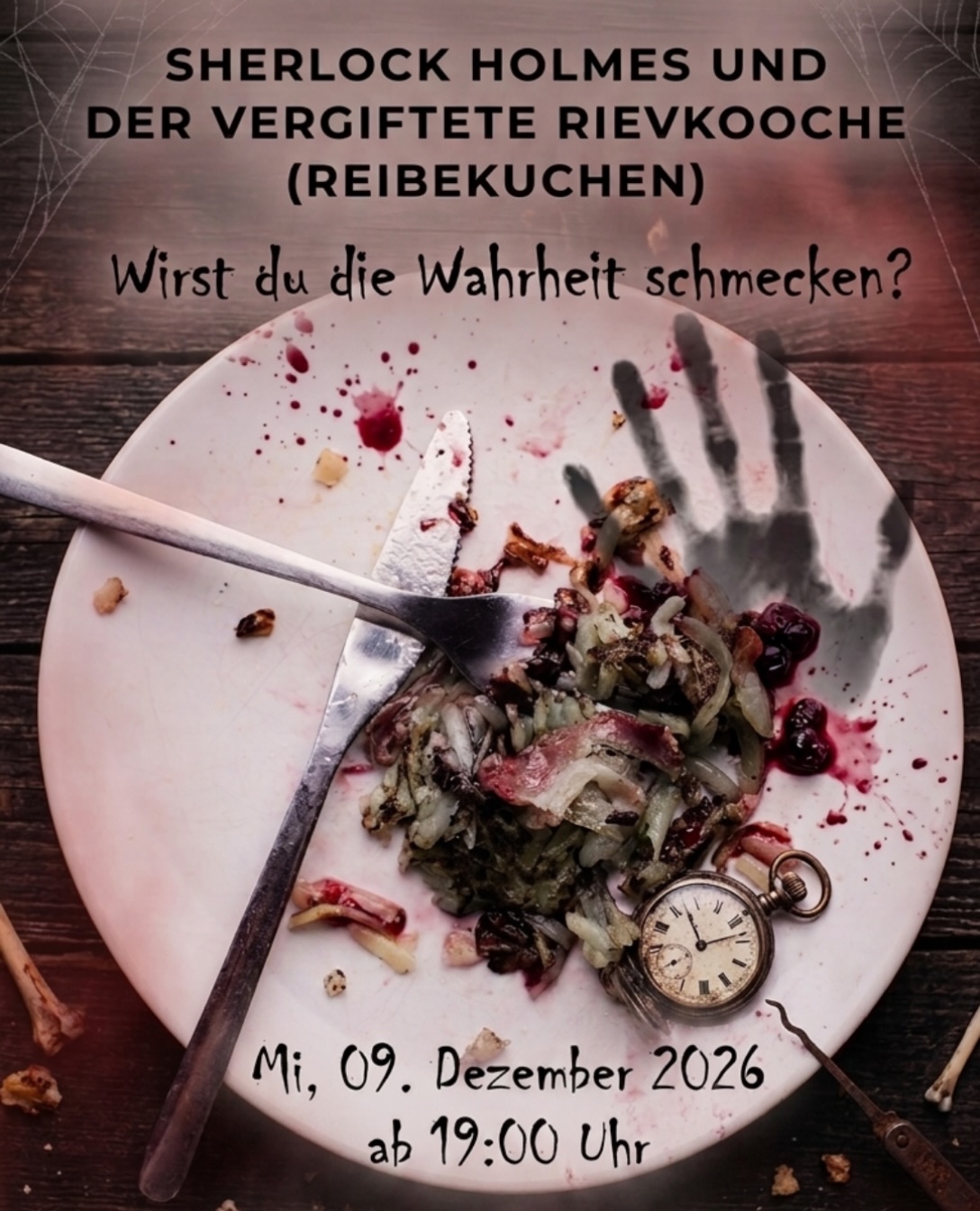 🕵️‍♂️ Ein Fall für Sherlock Holmes.

09.12. | @daswasserwerk 

Ein gemütlicher Abend. Ein kölscher Klassiker. Und plötzlich… ein vergifteter Rievkooche. 🥔☠️

Wer hat es getan? Was war das Motiv? Und kann Sherlock Holmes den Fall lösen, bevor es noch weitere Opfer gibt?

Beim Krimi Dinner „Sherlock Holmes und der vergiftete Rievkooche“ seid Ihr nicht nur Zuschauer, Ihr mittendrin im Fall. 🔎

Freut Euch auf einen Abend voller Spannung, Humor, leckerem Dinner und jeder Menge Verdächtiger.

👀 Also: Augen auf, Ohren spitzen und bloß niemandem am Tisch zu schnell vertrauen.

 📆 09. Dezember 2026 📍 @daswasserwerk 
🔪 Krimi: „Sherlock Holmes und der vergiftete Rievkooche“

🎟️ Sichert Euch jetzt Eure Tickets und werdet selbst zu Ermittlern!

Die Frage ist nur: Wer von Euch löst den Fall zuerst? 🔍
__________________________________________
#krimidinner #daswasserwerk #eventlocation